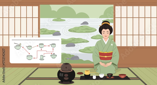 Elegant depiction of a traditional Japanese tea ceremony with serene zen garden