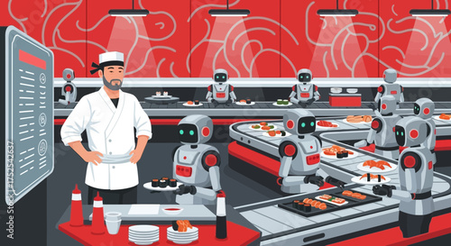 Sushi restaurant scene with human chef supervising robotic food production line