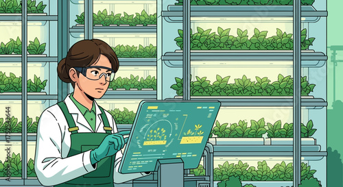 Scientist monitoring plant growth in a vertical farm using advanced technology