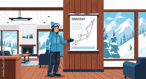 Presentation of ski resort gradient chart in cozy cabin with winter views
