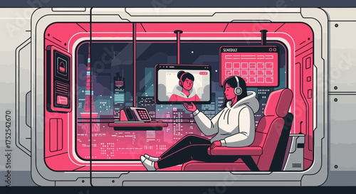 Virtual connection in futuristic urban landscape during remote working technology