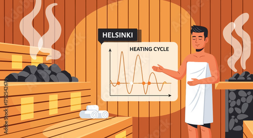 Digital illustration of a man in a sauna presenting the heating cycle in Helsinki