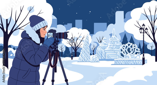 Female photographer capturing winter ice sculptures in a snowy urban park