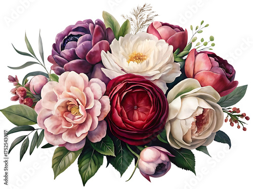 Fototapeta Naklejka Na Ścianę i Meble -  Floral bouquet with roses and peonies on black background