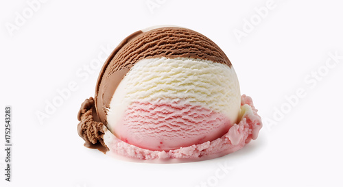 Neapolitan mixed ice cream scoop isolated on white background
