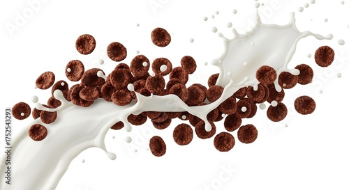 Flying chocolate corn flakes with milk splash isolated on white background