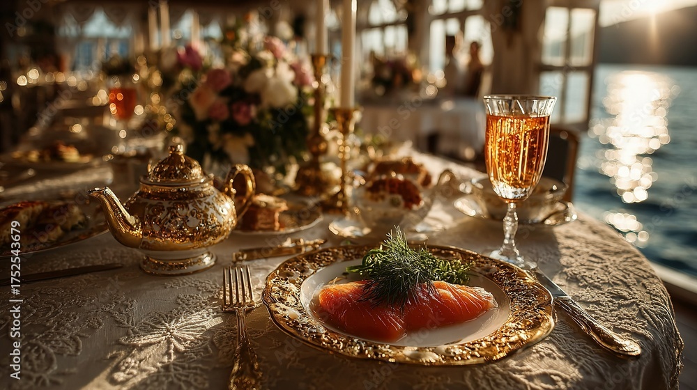 Naklejka premium Elegant table setting with food and drink overlooking water in a bright setting.