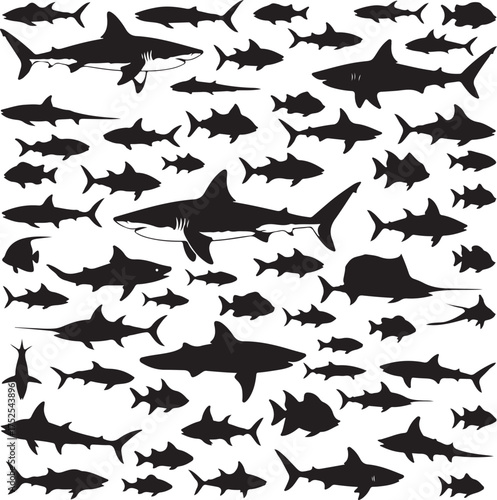 Ocean Silhouette: A captivating display of aquatic life, featuring a diverse array of shark silhouettes and other marine species, evoking the majesty of the ocean depths.