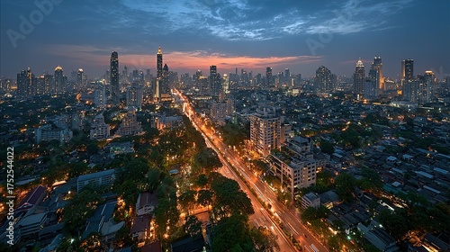Cityscape view at dusk with illuminated streets and buildings under a cloudy sky.