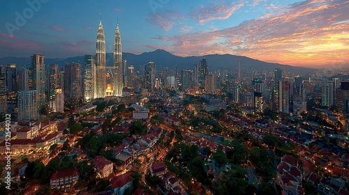 Cityscape at dusk with illuminated buildings and colorful sky.