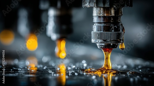 Close-up of metalworking machine with oil dripping during industrial process in factory.