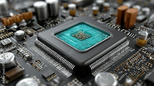 Close-up of a computer chip on a circuit board with electronic components.