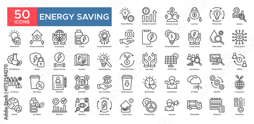Energy Saving collection set. Energy Efficiency, Energy Consumption, Economic Growth, Demand,management, Electrical Service , Presentation, Salary, icon. Simple outline vector illustration