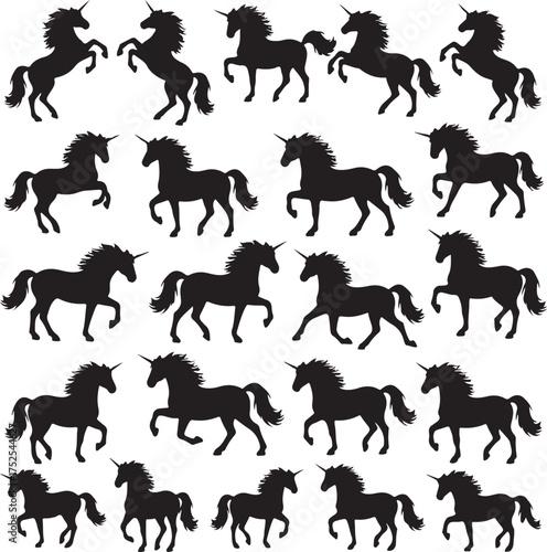 Unicorn Silhouettes: A pattern of majestic unicorns prancing gracefully, their silhouettes forming a rhythmic dance across the scene. A whimsical, fantasy image.