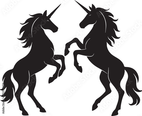Ethereal Unicorn Silhouette: Two majestic unicorn silhouettes stand in an emblem of grace, presenting a story of ancient myths and the wonder of fantasy. 