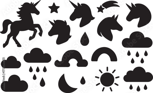 Celestial Unicorns and Whimsical Elements: An assortment of unicorn silhouettes, stars, rainbows, clouds, raindrops, sun and moon on a plain background, creating a dreamy, enchanting scene.