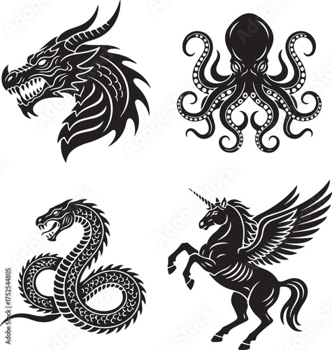 Mythical Creatures: Intricate black and white illustrations of a fearsome dragon, a mysterious octopus, a sinuous serpent, and a majestic unicorn, each rendered with meticulous detail. 