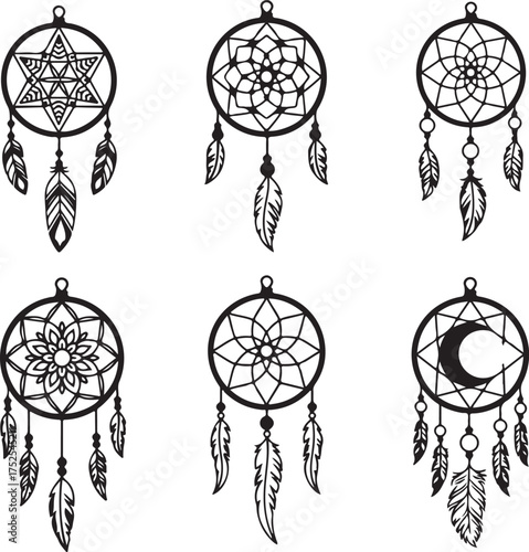 Dreamcatchers' Mystique: An intricate design of dreamcatchers, each a unique tapestry of intricate patterns, feathers, and sacred shapes, embodying serenity and spiritual depth. 