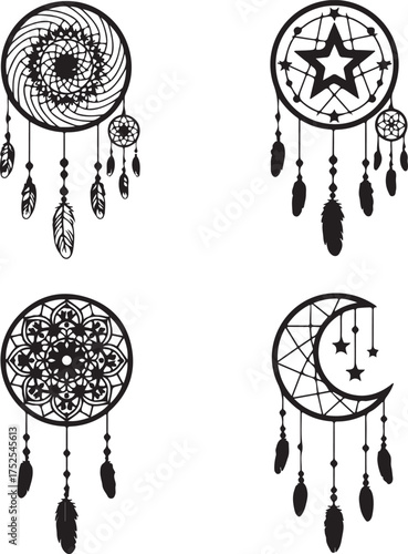 Dreamcatchers in Dreams: An array of dreamcatchers, each a unique tapestry of circles, feathers, and geometric designs, poised to catch dreams and guide the subconscious.