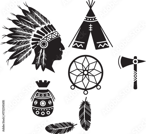 American Native Culture Icons: A set of graphic icons representing various aspects of Native American culture, including a headdress, teepee, dreamcatcher, tomahawk, and feathers.