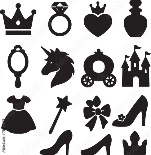 Magical Symbols: A collection of enchanting symbols, evoking fairy tales and dreams, with a regal crown, a sparkling ring, and a delicate heart, showcasing beauty and fantasy.