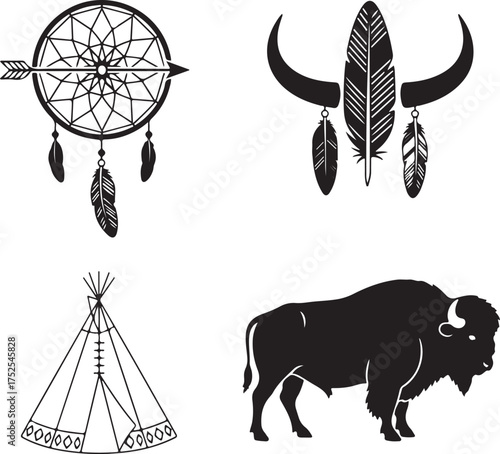 Indigenous Symbols Collection: A striking collection of traditional indigenous symbols. Dreamcatcher, bison, feathers, teepee illustration.