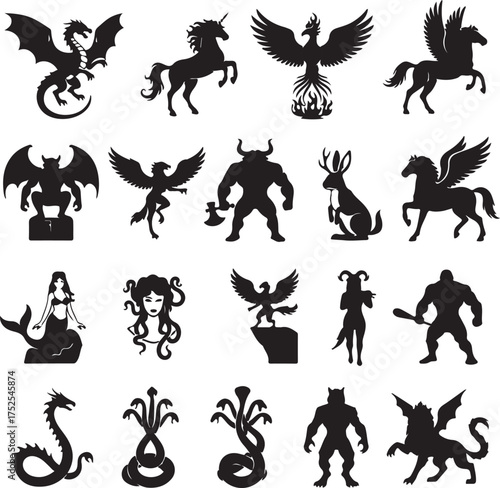 Mythical Creatures Collection: A stunning compilation of iconic and enchanting mythical creatures. This art piece captures the essence of fantasy, mythology.