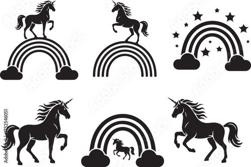 Magical Unicorns and Rainbows Silhouette: A whimsical silhouette showcases elegant unicorns frolicking among radiant rainbows and twinkling stars, evoking a sense of magic and wonder.