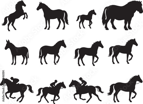 Horse Silhouette Collection: A collection of horse silhouettes displaying horses in various poses and activities, capturing the elegance and dynamic nature of equine creatures.
