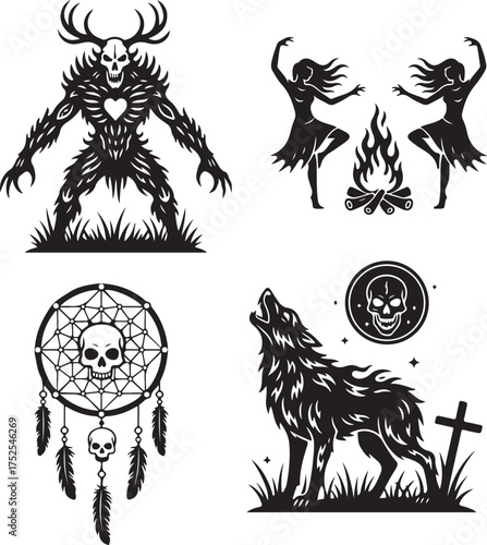 Mystical Symbol Collection: A captivating assemblage of mystic art, featuring a spectral figure, a duo of dancers, a dream catcher and a howling wolf.