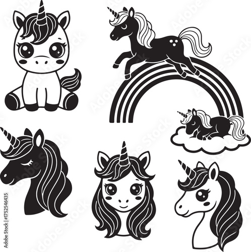 Enchanting Unicorn Fantasy: A collection of whimsical unicorn illustrations, each exuding charm and grace, with a rainbow accent adding to the magical allure. 
