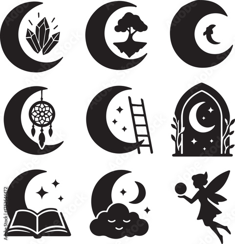Mystical Moon Icons: A collection of nine black moon-shaped icons, each showcasing various elements such as crystals, dream catchers, starry nights, and fairy figures.