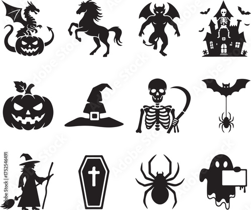 Halloween Silhouette: A collection of spooky silhouette illustrations perfect for adding a touch of frightful fun to your projects. Featuring a haunted house, grim reaper.