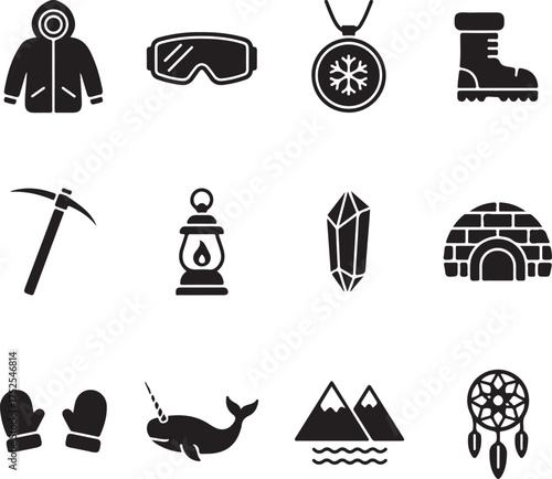 Adventure and Exploration Icons: A collection of stylized icons depicting tools and symbols related to adventure and exploration, perfect for travel, outdoor, and winter-themed designs.