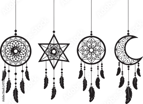 Dreamcatchers: An array of intricately designed dreamcatchers, featuring unique shapes and detailed patterns, hang gracefully against a clean background.