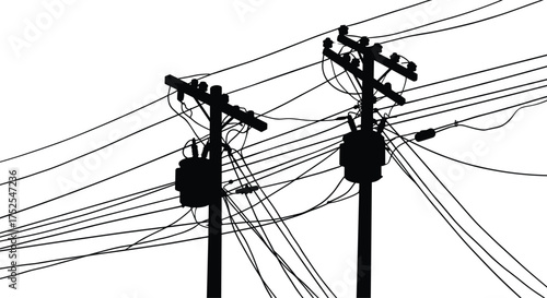 Utility poles with electrical transformers, complex overhead power lines, urban energy distribution network, electricity infrastructure silhouette, industrial grid system