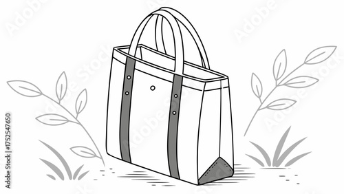 Illustration of a tote bag with straps and foliage in a simple black and white line drawing style