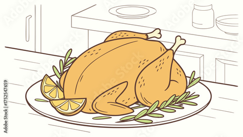 Roasted turkey on a plate with lemon and herbs in a kitchen setting with cabinets and dishes visible
