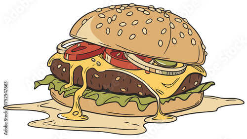 Illustration of a cheeseburger with sesame seeds, dripping cheese, tomato, onion, and lettuce layers