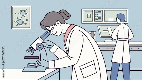 Illustration of a scientist using a microscope in a lab with another scientist at a computer