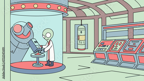 Alien scientist in lab coat operating machinery inside a laboratory with control panels and equipment