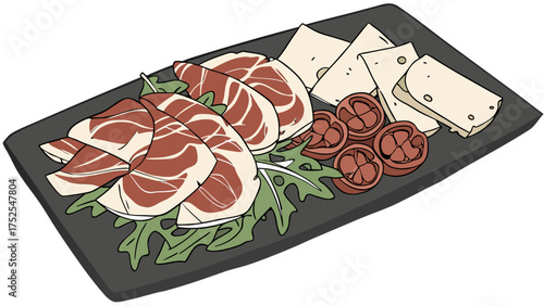 A platter of cured meat cheese and tomatoes on a bed of arugula served on a rectangular dark dish