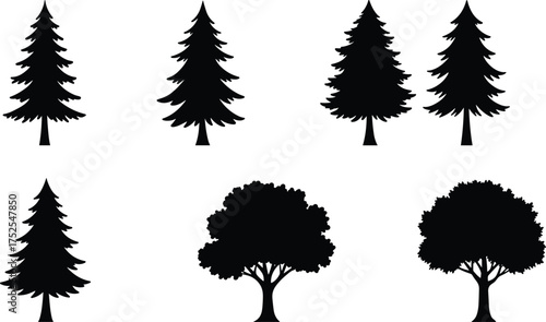 Tree silhouette set, pine and oak vector collection, black forest shapes, nature design, eco landscape art, outdoor illustration