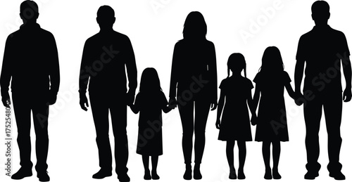 Family silhouettes vector illustration, parents and children holding hands, people standing together in black design, unity and love concept