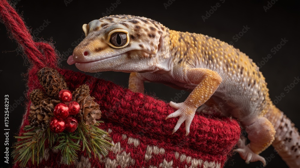 Naklejka premium Adorable leopard gecko preparing to hang a christmas stocking in a festive holiday setting, featuring a cute reptile with bright eyes and spotted skin celebrating the joyful christmas season indoors w
