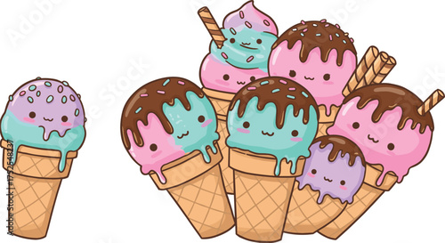 Cartoon ice cream cones, cute kawaii dessert characters, smiling faces, pastel colors, chocolate syrup, sprinkles, whipped cream, wafer sticks, playful summer illustration, fun food art