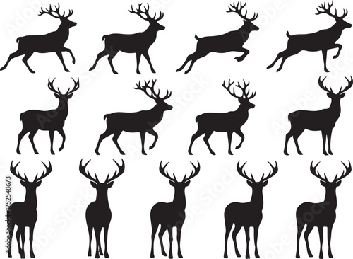 Deer Silhouette Collection: A captivating array of deer silhouettes showcasing elegant forms in a range of poses. Ideal for a diverse range of creative projects and illustrations. 