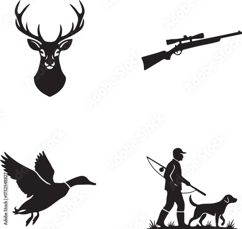 Hunting Symbols Icon Set: A collection of minimalist vector icons representing hunting-related elements, including a deer head, rifle, flying duck, and hunter with a dog.