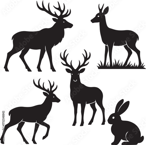 Deer and Rabbit Silhouette Collection: An assortment of elegant deer silhouettes showcasing majestic antlers and poses, along with a rabbit, perfect for design projects and wildlife themes.