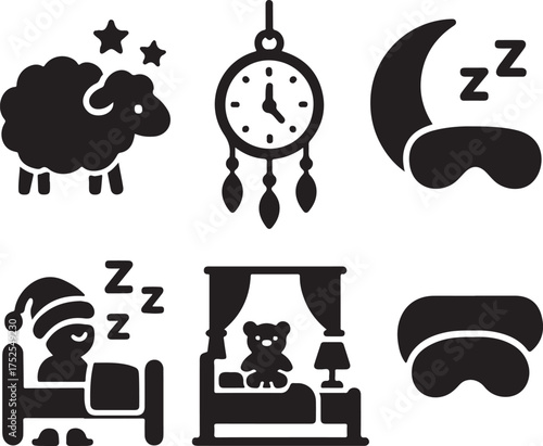 Dreamy Nighttime Icons: A collection of charming icons evokes the essence of peaceful sleep and sweet dreams, perfect for designs related to bedtime and relaxation.